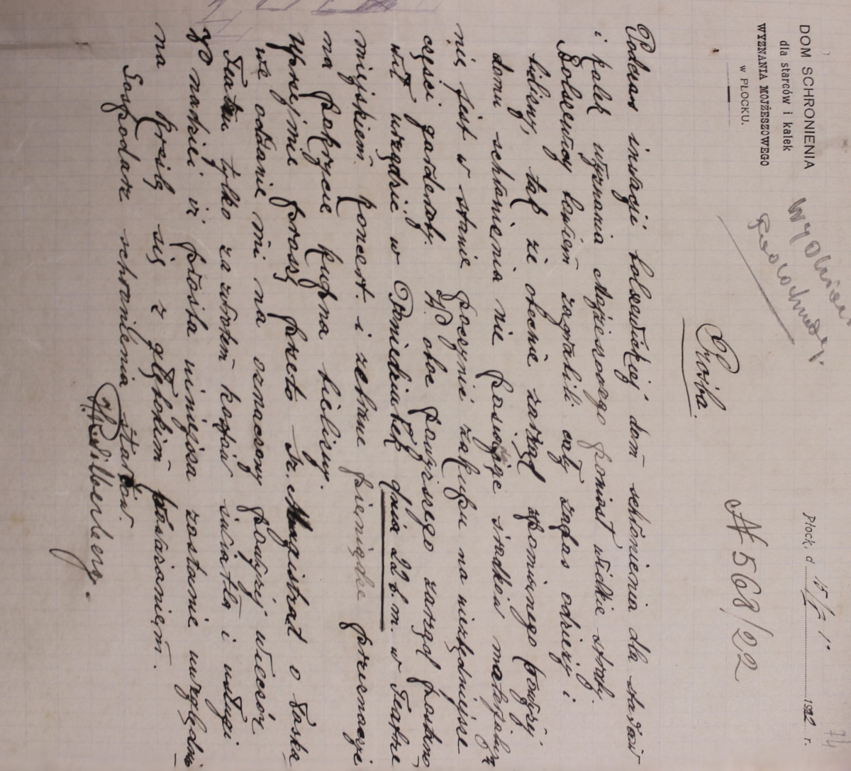 52. Letter from Hersz Rubin Silberberg - the curator of the shelter, to the Municipality of Płock from May 15, 1922, requesting the access to the theater building for the needs of an organized charity performance (State Archives in Płock, Files of the town of Płock, reference number 23533) 